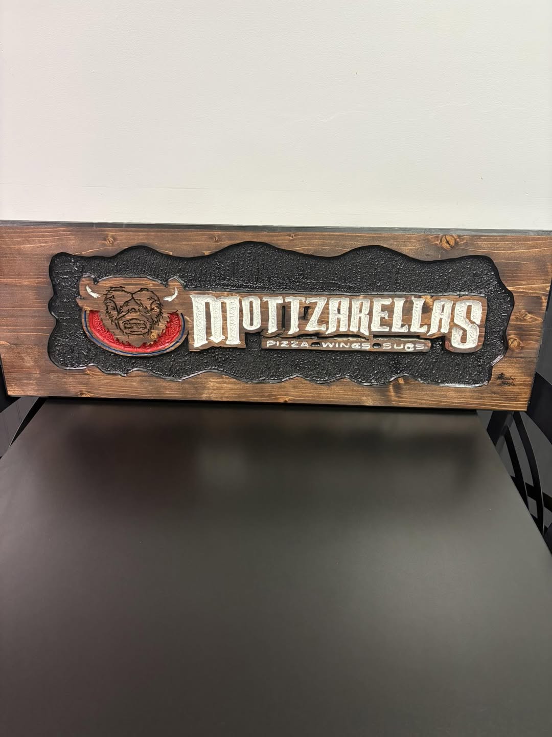 Mottzarellas pizza restaurant carved wood sign