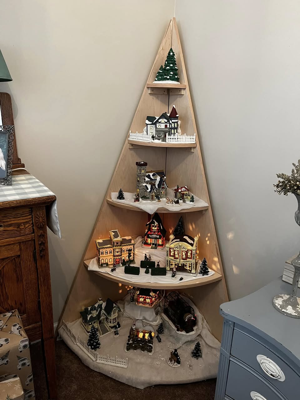 Handcrafted wooden Christmas village tree shelf